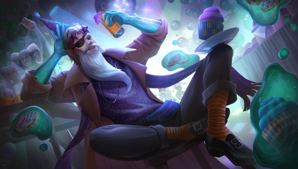Meet GREGORY! The plasmoid Ranger/Bard. Gregory's vibe is chaotic kooky gramps. Sporting a tinsel party hat, hot pink star sunglasses, open trench coat with 90s print sweater, plaid scarf in corresponding colors, yellow striped socks, buckle shoes, topped off with a chain necklace. Gregory is a plasmoi- I mean most CERTAINLY just a normal human. Which is why his arms are slimy and many slime blobs float around him carrying some sweet treats. That's a normal human thing, right?
In the background you have many other party activities. To the left, are party-goers enjoying beer pong. To the right is an open buffet table. And further in the background are people dancing under a disco ball.
Next time you throw a party, you can only hope that Gregory will show up to bring life to what otherwise would be an uneventful gathering.