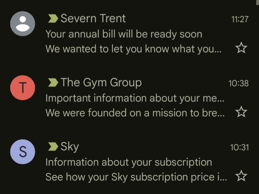 Emails with price increases from Severn Trent, The Gym Group and Sky