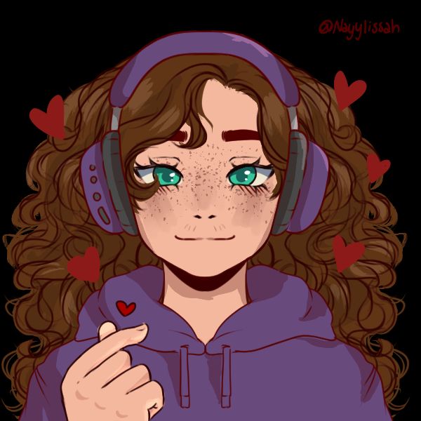picrew of me, long curly brown hair, purple headphones and hoodie, green eyes, pale skin
