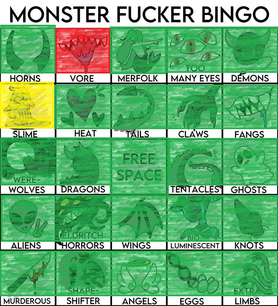 Monster Fucker Bingo
Yes: Horns, Merfolk, Too Many Eyes, Demons, Heat, Tails, Claws, Fangs, Werewolves, Dragons, Tentacles, Ghosts, Aliens, Eldritch Horrors, Wings, Bio-Luminescent, Knots, Murderious, Shapeshifter, Angels, Eggs, and Extra Limbs
Maybe: Slime
No: Vore