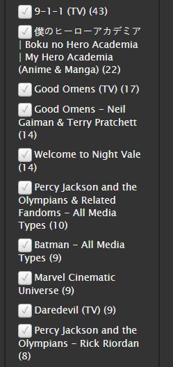 >9-1-1 (TV) (43)
>Boku no Hero Academia | My Hero Academia (Anime & Manga) (22)
>Good Omens (TV) (17)
>Good Omens - Neil Gaiman & Terry Pratchett (14)
>Welcome to Night Vale (14)
>Percy Jackson and the Olympians & Related Fandoms - All Media Types (10)
>Batman - All Media Types (9)
>Marvel Cinematic Universe (9)
>Daredevil (TV) (9)
>Percy Jackson and the Olympians - Rick Riordan (8)