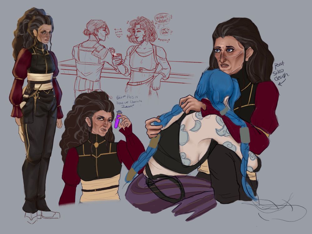 Four different illustrations of the same oc, an older woman with large unruly curly graying hair and a scar across her cheek, two of them are solo and the other two of with Silco and Jinx respectively. 