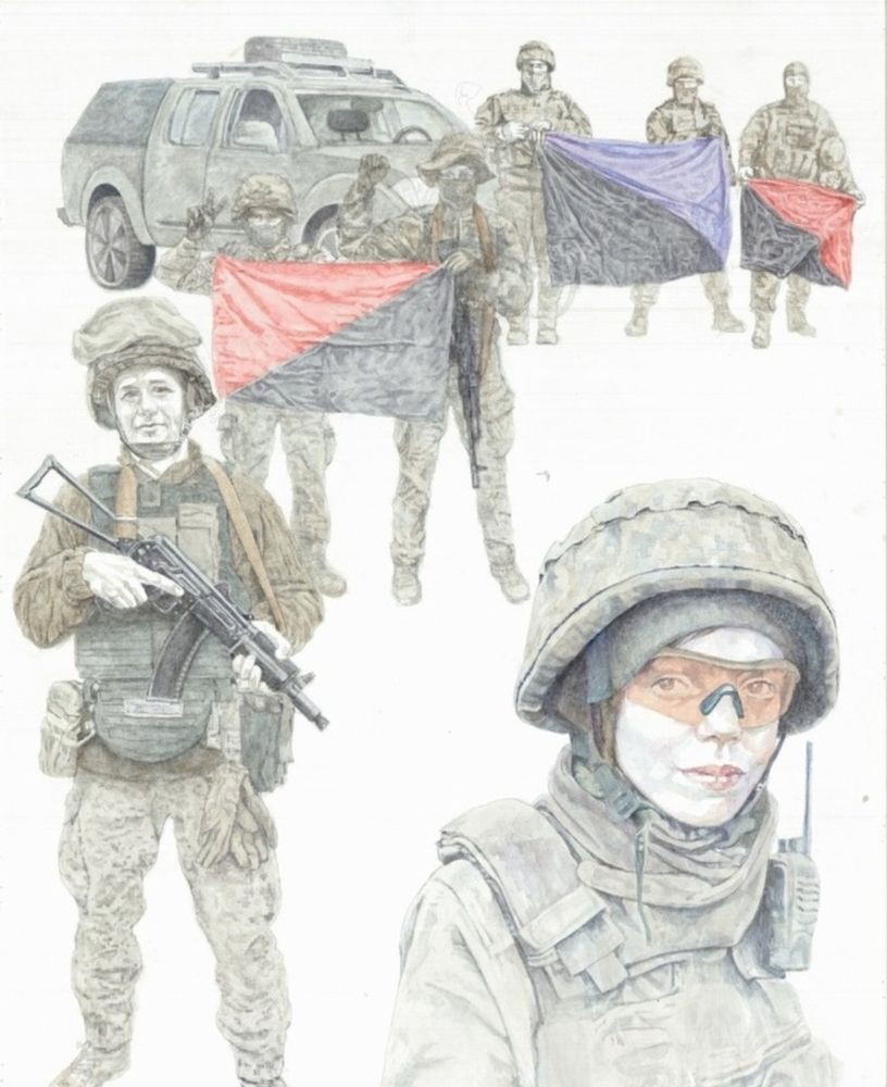 Ein gemaltes Bild zeigt viele Soldat*innen mit queeren & anarchistischen Fahnen