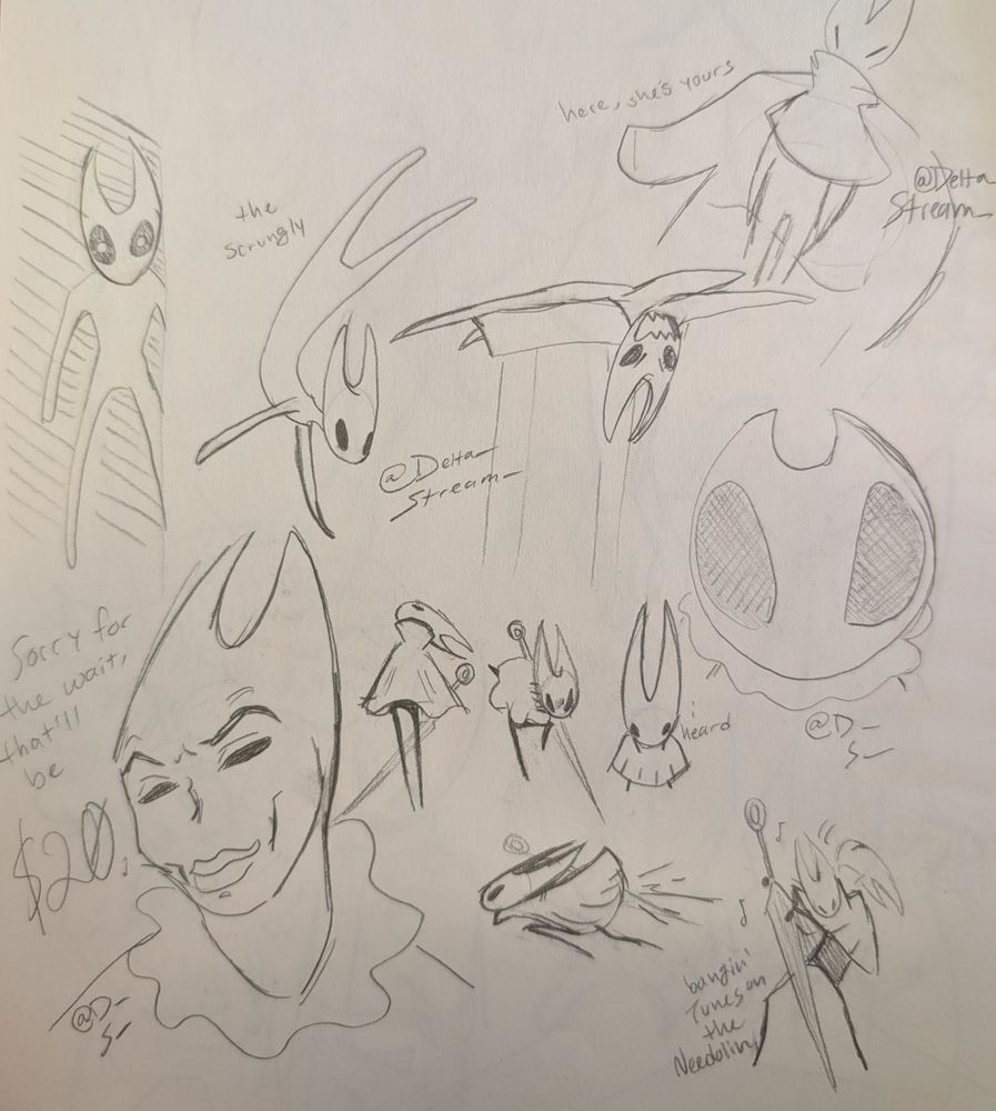 Several doodles of scrungly Hornet from Silksong