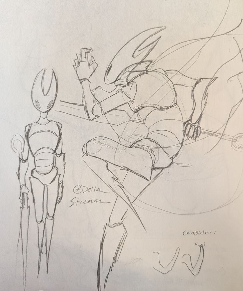 Hornet with a less scrungly body; with limbs similar to her sibling The Hollow Knight, making her look more spider-like. There is also a doodle suggesting the concept of Hornet having extractable claws, not unlike a tarantula or cat. 