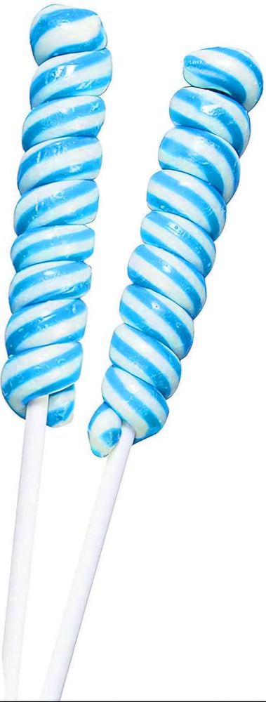 two twisted lollipops with a light blue and white pattern on a white background