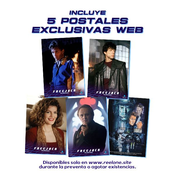 Composición con 5 postales de la película "Freejack (Sin identidad)" que se entregan gratuitamente al comprar el blu-ray de la película en la web de Reel One. Solo durante la preventa o agotar existencias.