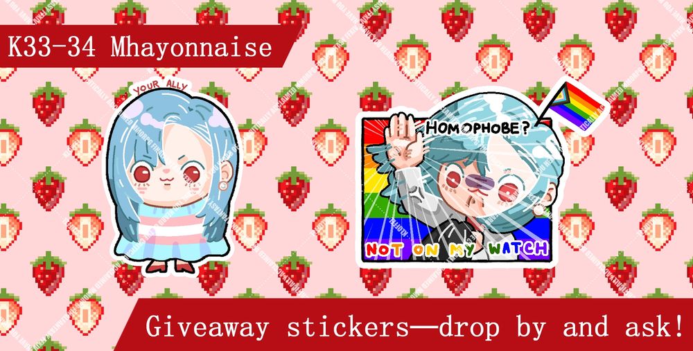 A promotional photo for my giveaway OC stickers. The background is pink with pixel strawberries. Then there are two sticker samples, one featuring the chibi version of my non-binary OC, Teru, wearing the trans flag as an ally. Another is Teru, also chibi, raising their hand up, ready to strike with the rainbow flag in their background and the Progress Pride Flag on their head.