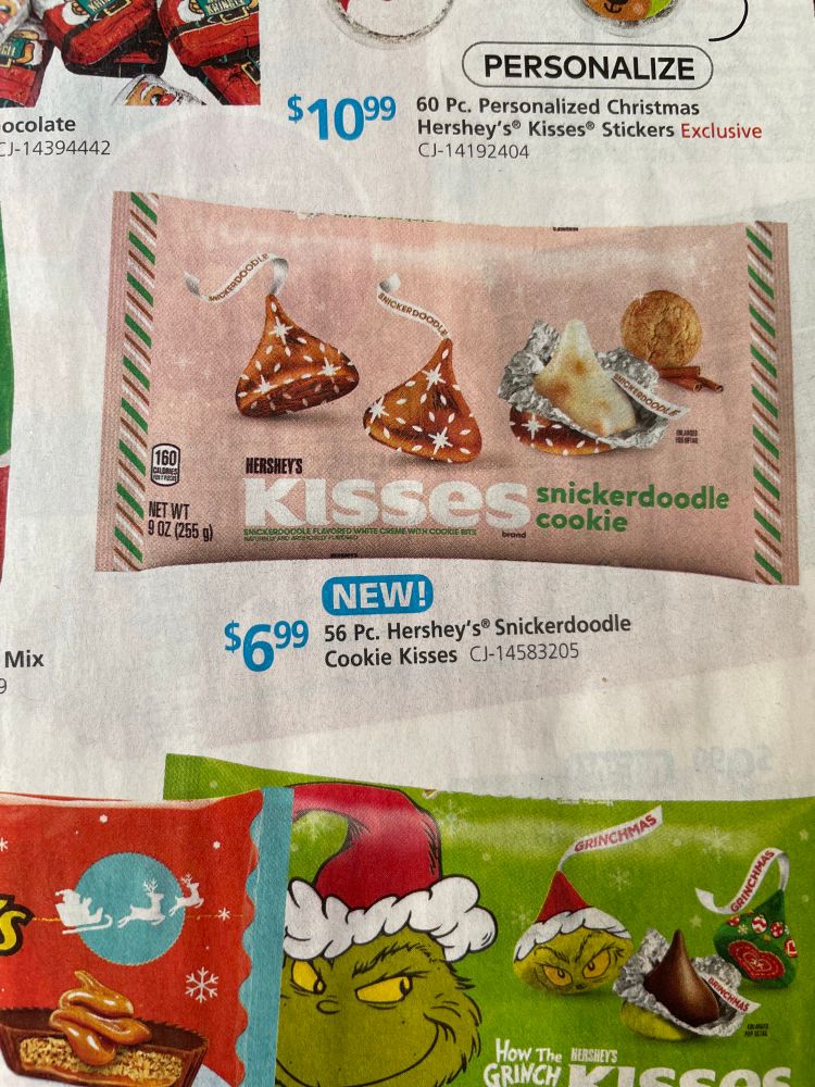 Catalog page featuring “snickerdoodle cookie” Hershey kisses