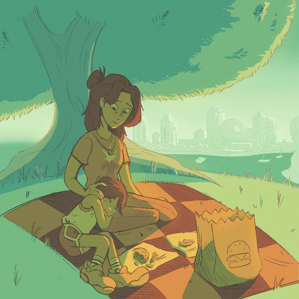 The characters Nima and the Mom from Am I Nima enjoy a picnic on a hill during a sunny day in Vancouver. Nima rests her head contentedly on the mother's lap. There is a half eaten, delicious Burgess Burger by a picnic basket in front of them. All is well.