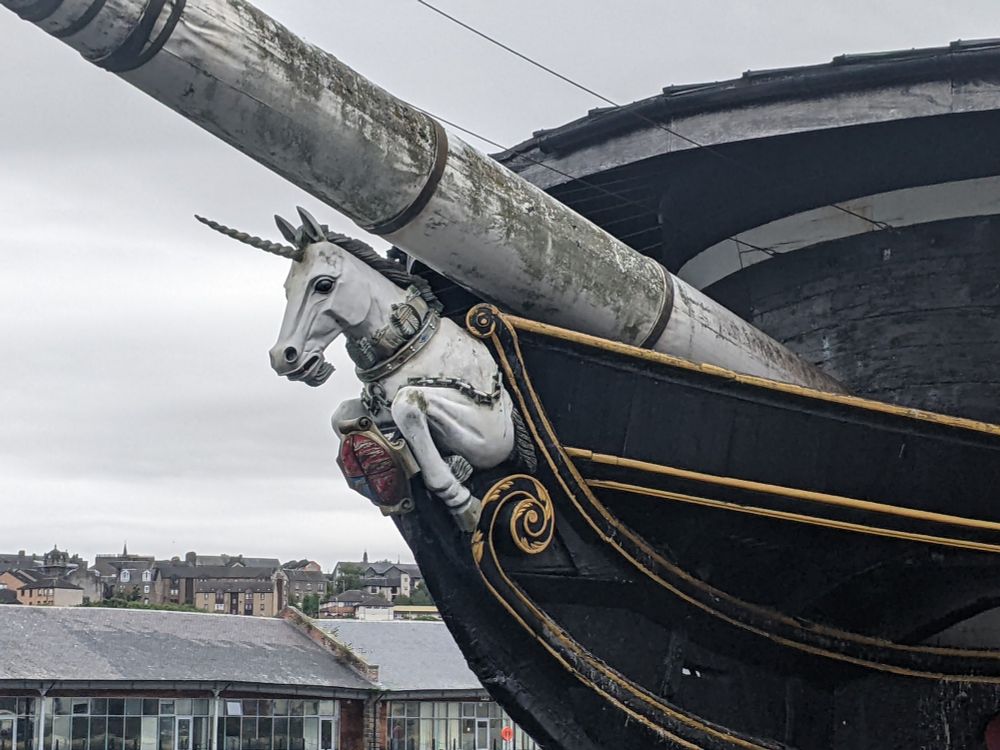 Close up shot of the carved wooden unicorn that is the figurehead of the HMS Unicorn