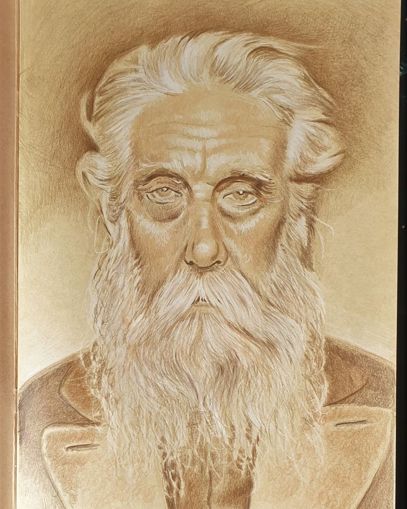a white and brown pencil portrait on tan paper, showing an older man with white hair and a long white beard. He has tired eyes and I can totally relate today