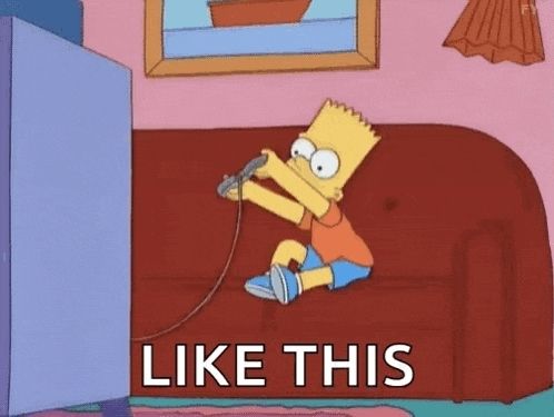 Bart Simpson wrestling with a video game controller above the words, "like this"