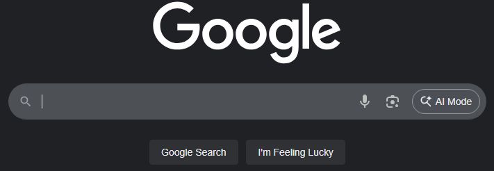A screenshot of Google's search page, with its "I'm Feeling Lucky" button and new, "AI Mode" option.
