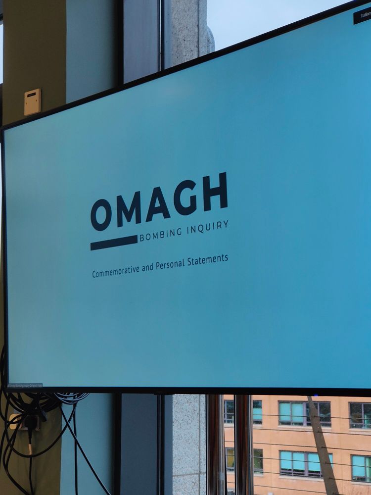Screen showing title: Omagh Bombing Inquiry - Commemorative and Personal Statements