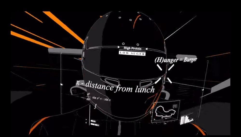 A screenshot from the video about the Oscar Piastri... themed(?) burger that grilld is flogging at the moment, with an animated helmet of what is presumably Oscar Piastri overlaid with nonsense maths equations like:
LOW SUGER
(H)unger = burger
x - distance from lunch