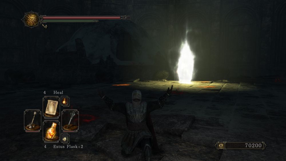 The final boss arena, with the glowing light leading to the default ending.