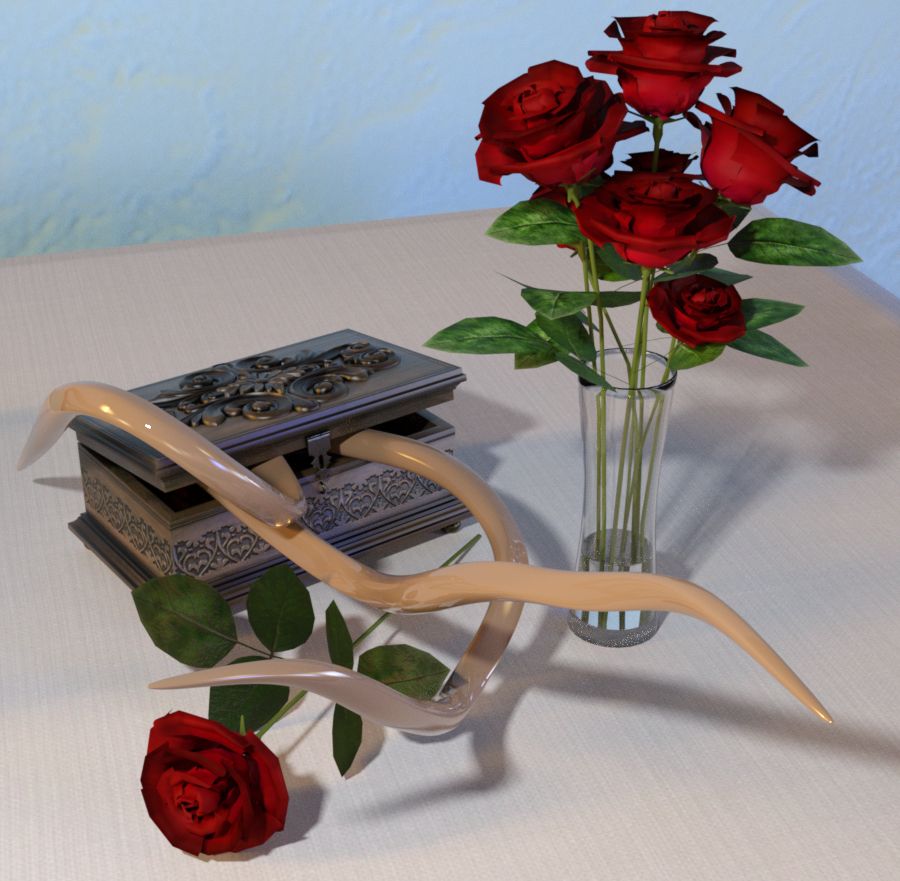beige tendrils creep out of a small chest, stretching past a vase with red roses in it