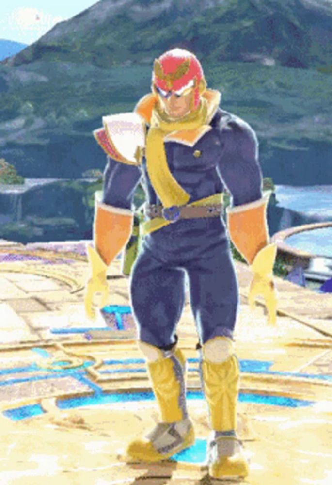 captain falcon from super smash bros is standing on a marble floor