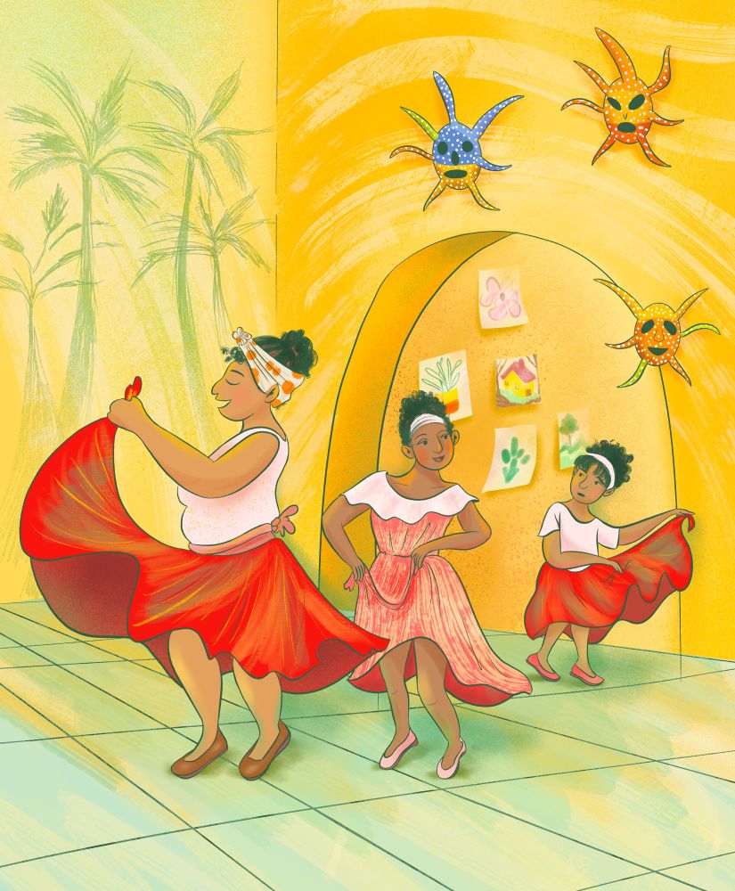 Three generations of women dance plena through a cultural education center which has Puerto Rican vejigante masks and children’s watercolor artwork on its walls 