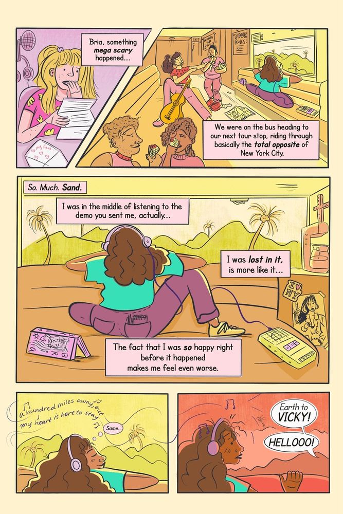 A comic book page of a letter a pop star writes to her crush about what was happening on her tour bus before she receives bad news.