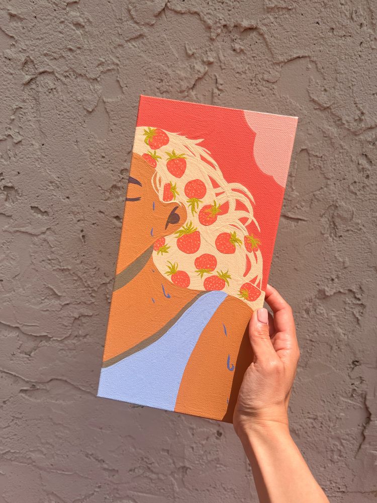 A painting of half a sweaty woman’s face with strawberries in her hair