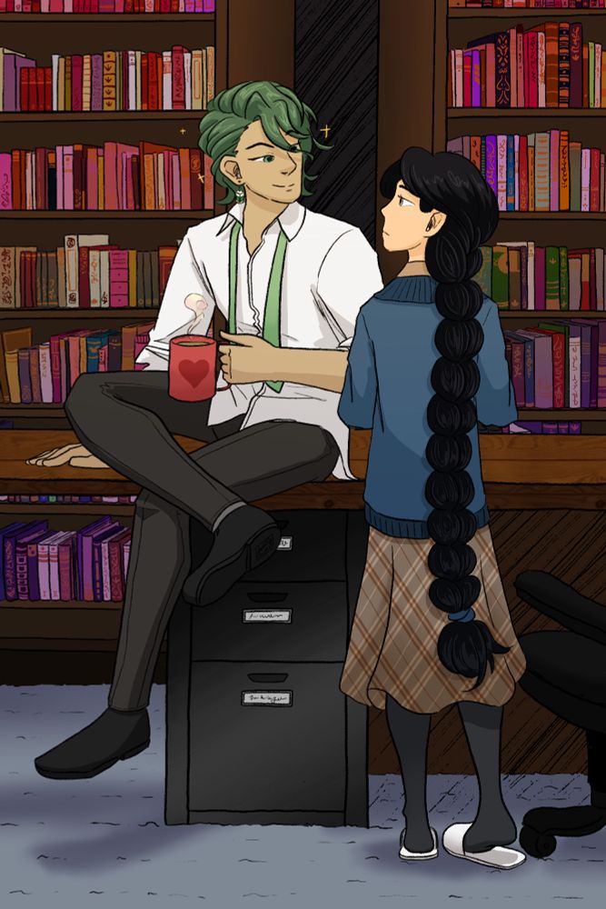 Digital drawing of two original characters, looking at each other while in a library setting. One of the characters is a woman with long black hair, tied in a braid down her back. She is facing away from the viewer, towards a counter in front of her, but her head is turned towards the other character with a flat expression on her face. The other character is a male with green hair, sitting on top of the counter, body turned away but his face is facing towards the first. He is holding a mug with hot tea inside of it, and smiling towards the first character.