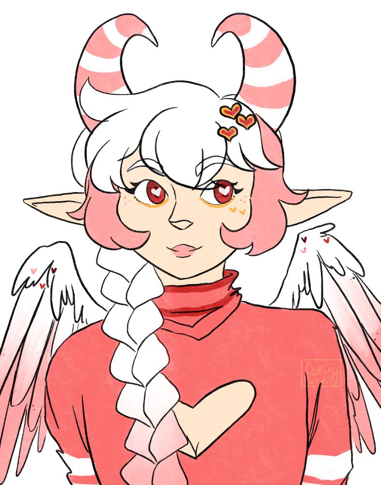 Digital portrait of a fictional character designed by art fight user DesertFlowers. The character is a humanoid with fair skin, long ears like an elf, and horns with pink and white stripes. Their hair has white bangs over the eyebrows and pink bangs framing their cheeks, and their hair is braided over one shoulder. They also have white wings that fade to pink on the tips.