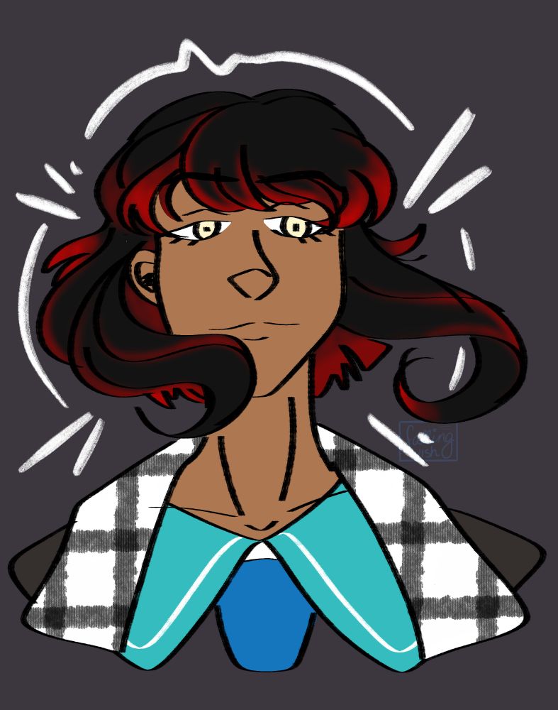 Digital portrait of a fictional character designed by art fight user FeatheryJustice. The character is a humanoid with tanned skin, and has black hair streaked with red that is longer in the front than the back. 