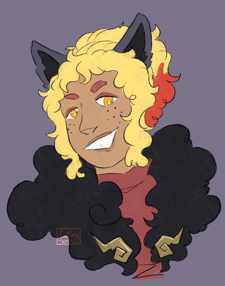 Digital portrait of a fictional character designed by art fight user alexs-moon-garden. The character is a humanoid with tanned skin and freckles on both cheeks. They have curly blond hair with bangs that frame their face, and that is tied into a ponytail in the back. The end of their ponytail is red. They have grey ears at the top of their head, and the overall design is reminiscent of the Pokêmon zorua.
