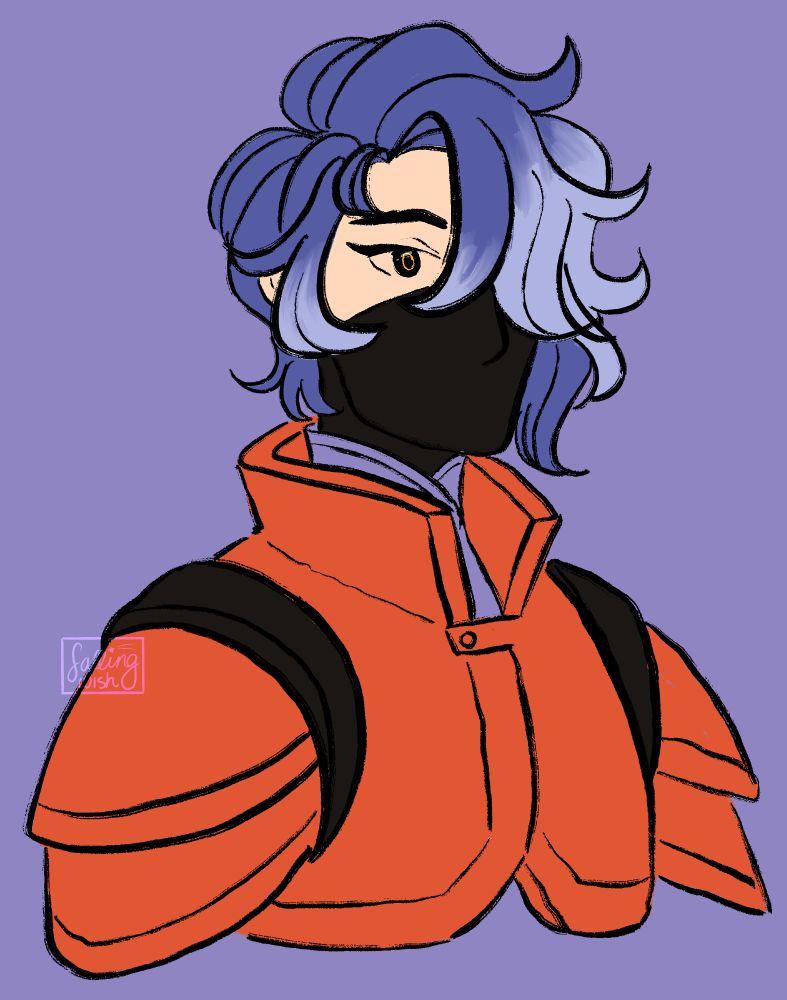 Digital portrait of a fictional character designed by art fight user Parziivale. The character is a humanoid with fair skin, indigo hair that fades to gray on some parts, a black half-face mask like the character Hatake Kakashi from Naruto wears, and orange military-esque armor. 
