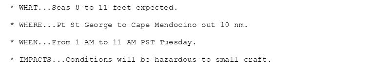 * WHAT...Seas 8 to 11 feet expected.

* WHERE...Pt St George to Cape Mendocino out 10 nm.

* WHEN...From 1 AM to 11 AM PST Tuesday.

* IMPACTS...Conditions will be hazardous to small craft.