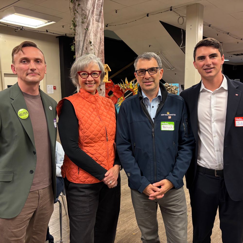 Jack from the Homlessness Coalition stands with MLA Whiteside, Mayor Johnstone and MP Sawatzky.