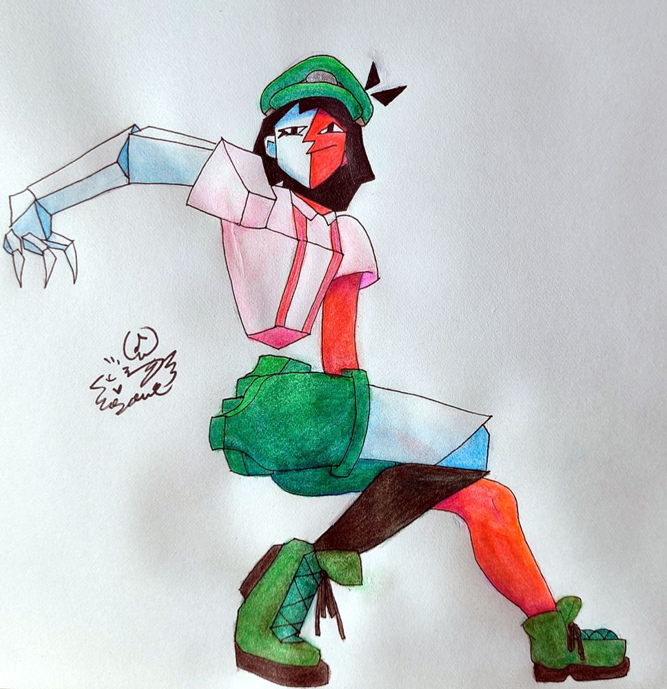 Ena squatting/leaning against an invisible wall 