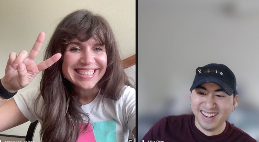 side by side image of woman holding up peace sign and man smiling.