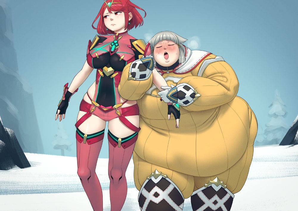 A very fat Nia leaning on Pyra for support.