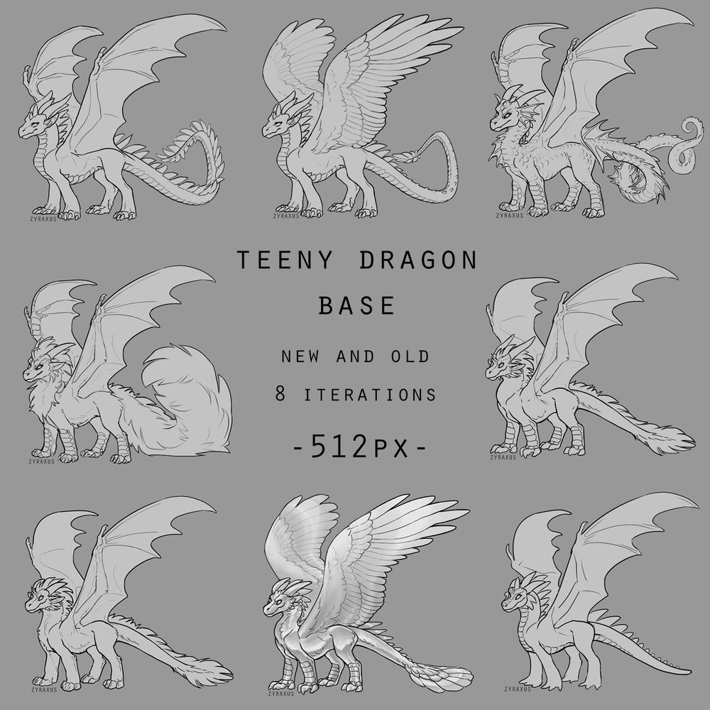 Preview of the eight iterations of my teeny dragon lineart base now available for digital download in my ko-fi shop as a bundle deal. These bases can be edited/colored to create characters and adoptables with. 