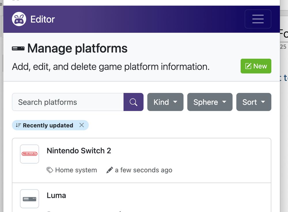 Screenshot of the Dbljump gaming database management system's list of platforms, showing a new entry for Nintendo Switch 2