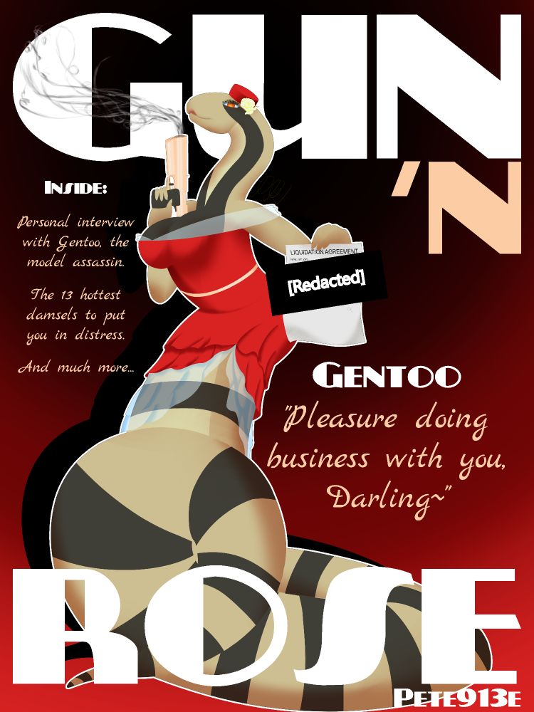 A digital art magazine cover titled "Gun 'n Rose" in bold text, it features my anthropromorphic false water cobra assassin character Gentoo, blowing the smoke from a gun, with the quote "pleasure doing business with you, darling".
She is holding a redacted contract.

The cover says the magazine includes a personal interview with Gentoo, "The 13 hottest damsels to put you in distress", "and much more".