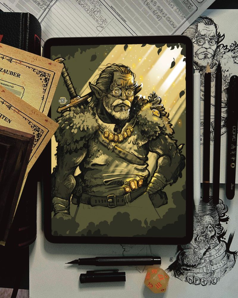 In a quiet glade where sunlight trickled through leaves like golden rain, lived Artibert, a Firbolg barbarian once feared across kingdoms. Now, retired and wrapped in mossy silence, he tended to bees, spoke to ancient trees, and brewed mushroom tea by moonlight. His sword rested on a branch above his hut, forgotten but sharp. Children whispered of the forest guardian with gentle hands and thunderous strength, who healed wounded animals and vanished like mist. Brannoc, content and serene, had found what war never gave him—peace in every rustling leaf and the soft thrum of life surrounding him.