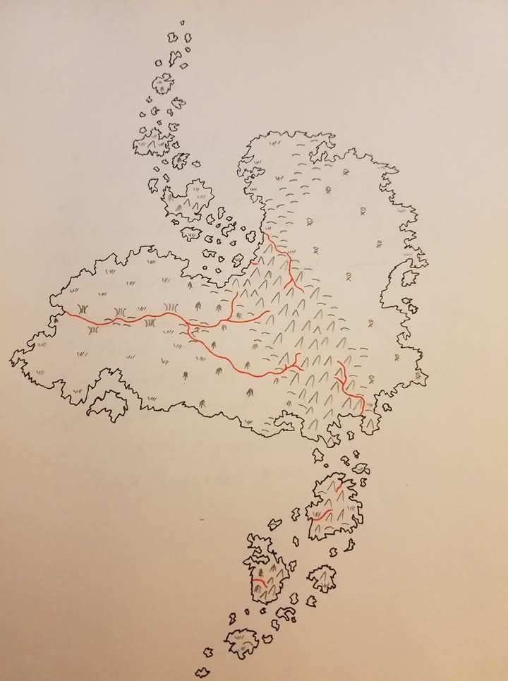 Original map of a medium sized land mass. Done in black ink with red ink rivers and pencil terrain features. A range of mountains curves across the center with two chains of islands continuing into the water in a pseudo ying-yang shape.