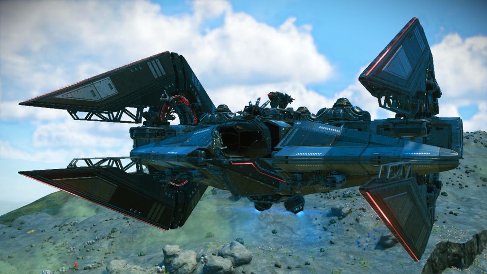 A Corvette in No Man's Sky built in the rough shape of a Star Wars Tie Interceptor.