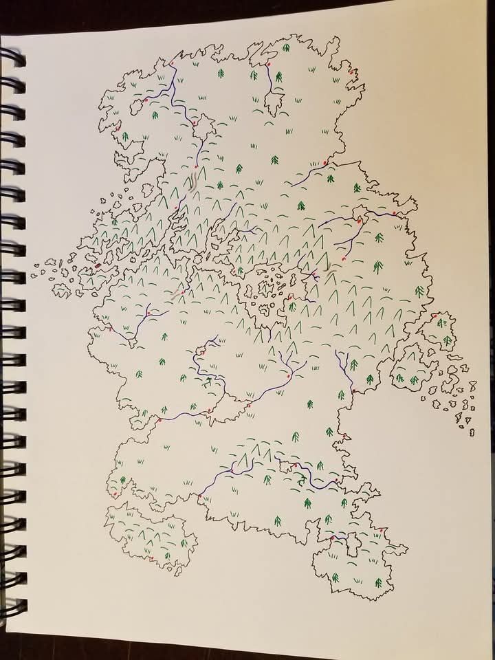 An original map of a large land mass with a single smallish island to the south. Done in black ink with blue ink rivers, red ink cities, and green ink terrain features. A large mountain range cuts horizontally across the center, extending out into the water on either side into sets of tightly packed islands. A large branching ravine splits the mountain range apart on the left side, reaching from the coast to the center of the continent.