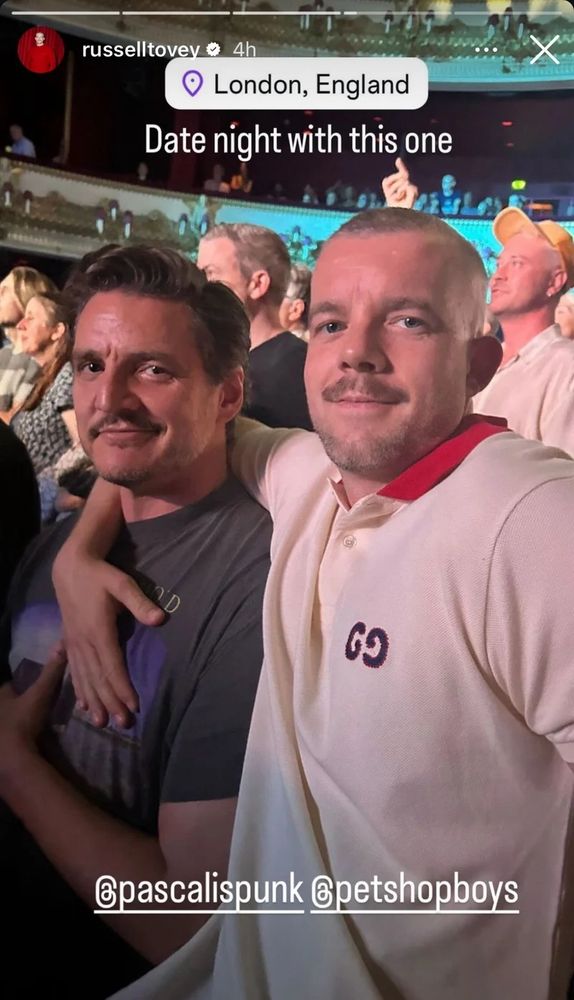 Instagram post titled "Date night with this one" featuring Russell Tovey with his arm around Pedro Pascal at a Pet Shop Boys concert, from July of 2024