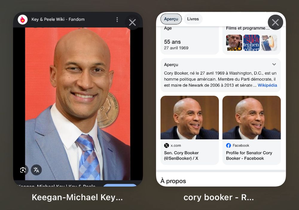 Image of two safari tabs, one a photo of Keegan Michael key and one of photos of Cory Booker. They look similar but I had to confirm