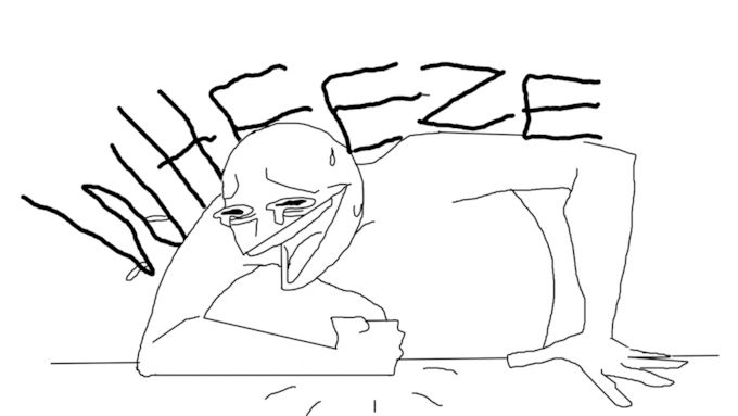 Black and white comic drawing of a man laughing so hard he’s crying, hitting the table. In large letters over the man’s head is the word WHEEZE