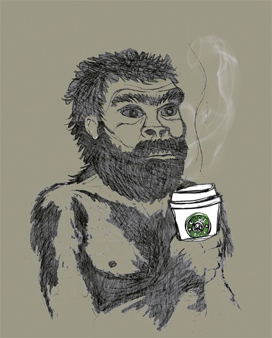 Drawing of a male Neanderthal holding a cup of Starbucks coffee