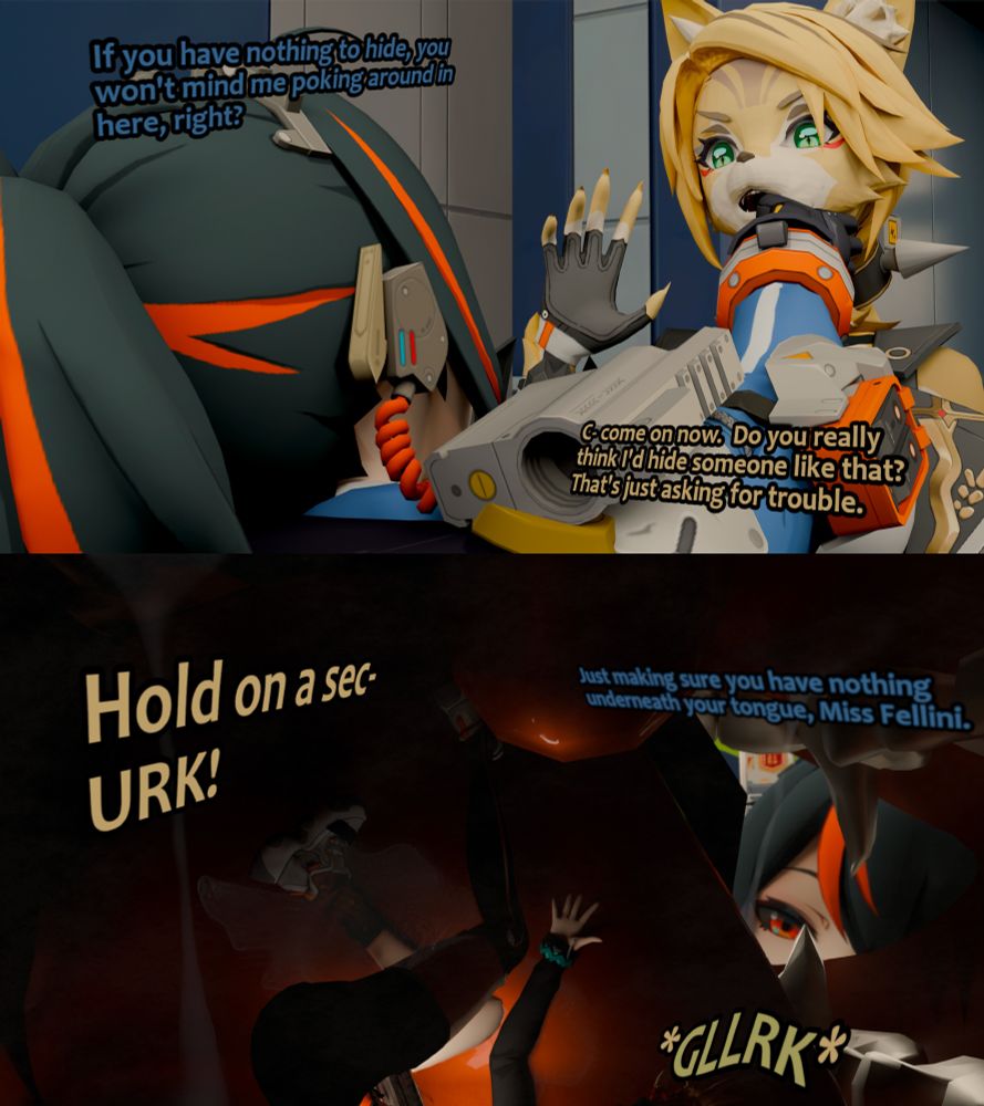 Top Image: Pulchra holds up a hand in shock as Zhu Yuan begins to 'search' the thiren's mouth with her hand.

Bottom Image:  Pulchra's tongue jerks back from the intrusion, carrying along and depositing a helpless Belle into the awaiting throat.

Z: "If you have nothing to hide, you won't mind me poking around in here, right?"
P: "C-come on now.  Do you really think I'd hide someone like that?  That's just asking for trouble."
P: "Hold on a sec- URK!"
Z: "Just making sure you have nothing underneath your tongue, Miss Fellini."
P: *GLLRK* 