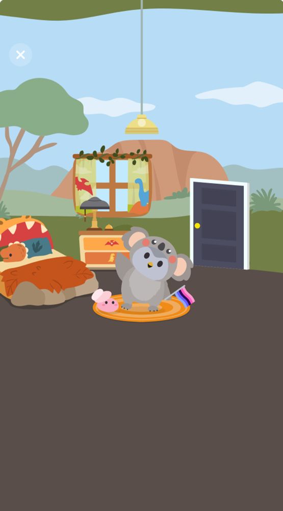 An animated bird dressed as a koala in a dinosaur themed room 