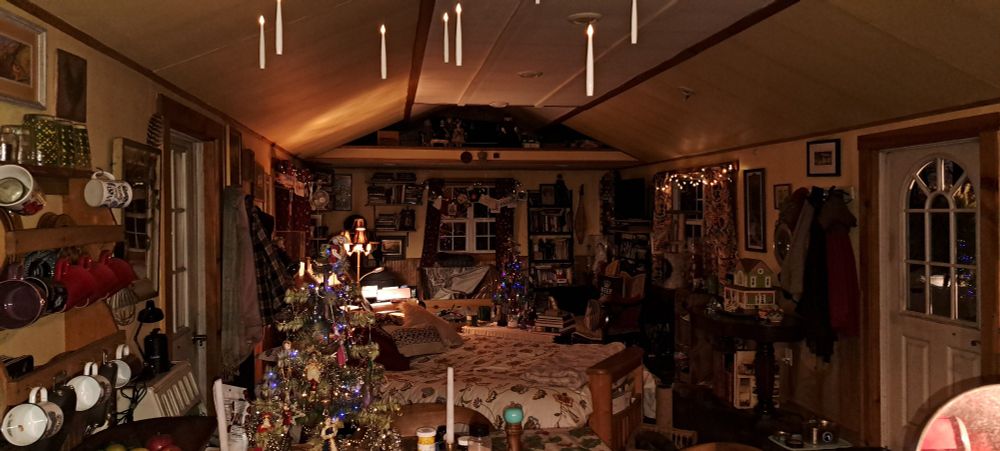 A tiny house after sunset with lots of Christmas lights all lit up and festive. 